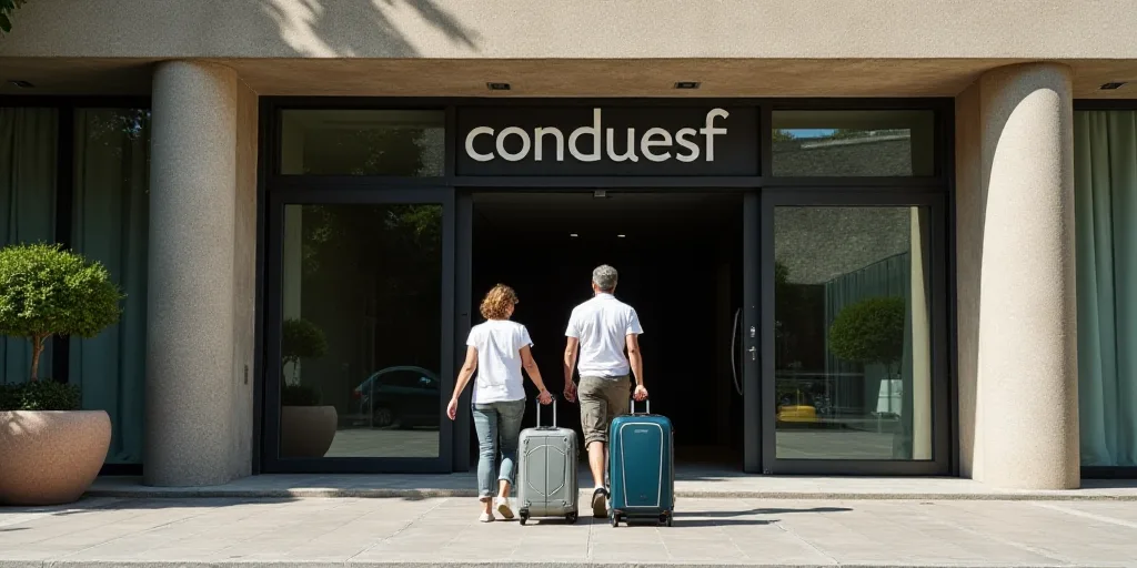 a couple of people walking out of a building with luggage in front of it and a sign that says condue