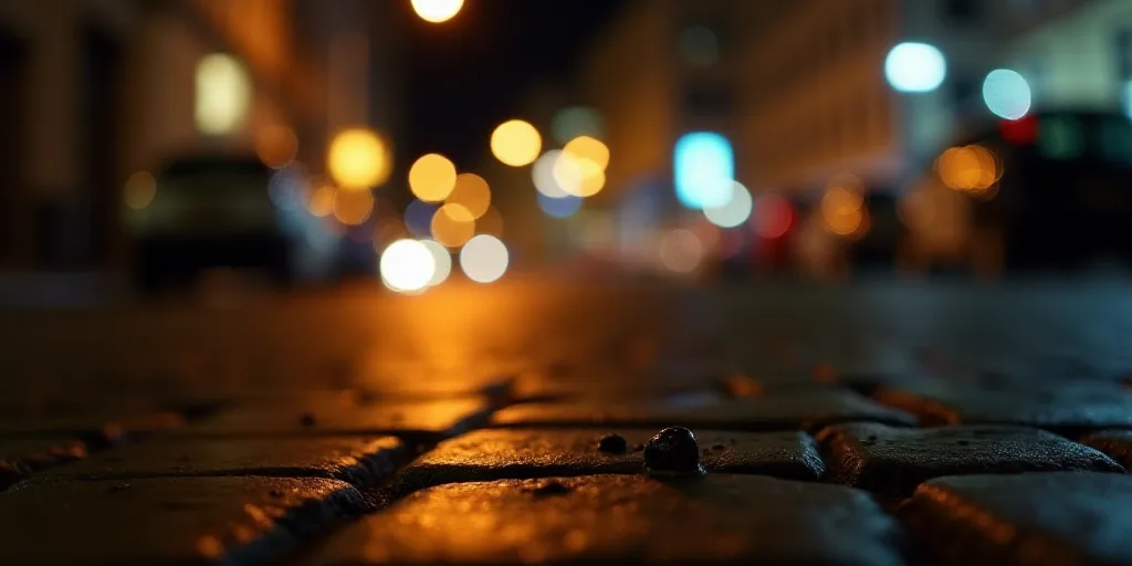 a couple of small objects on the ground in the street at night time with lights in the background an