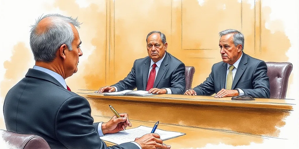 a courtroom drawing of a man sitting in front of a judge and two men standing behind him and a judge