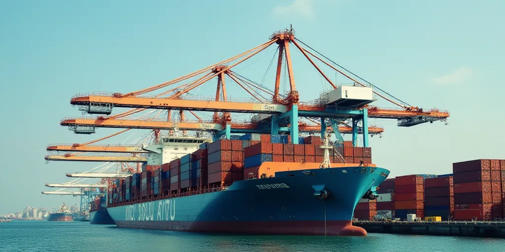 a crane is lifting containers from a ship to be loaded with cargo at a port in china, asia, Colijn d