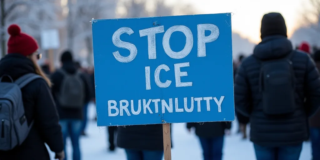a crowd of people standing around a blue sign that says stop ice bruktnlutty on it, Brenda Chamberla