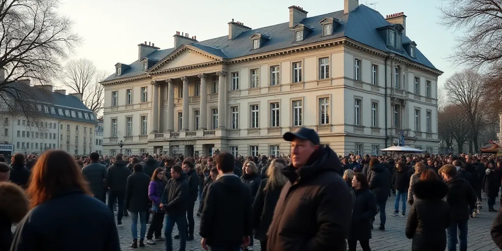a crowd of people standing on a street next to a building with a sign on it that says no more people