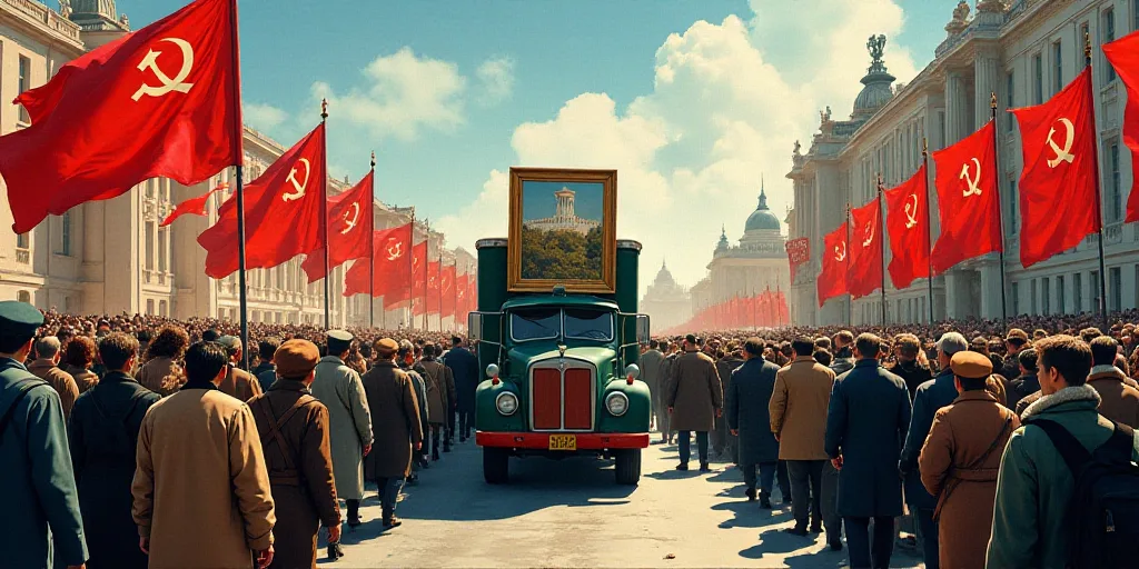 a crowd of people walking down a street with flags and a picture frame on a truck in the middle of t