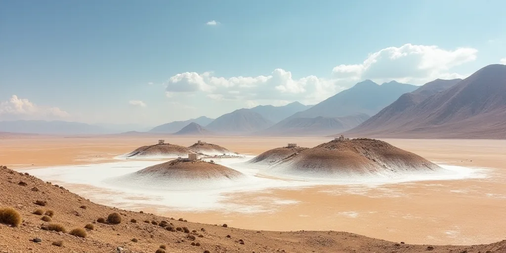 a desert with a few buildings and a few snow mounds on the ground and mountains in the background,,