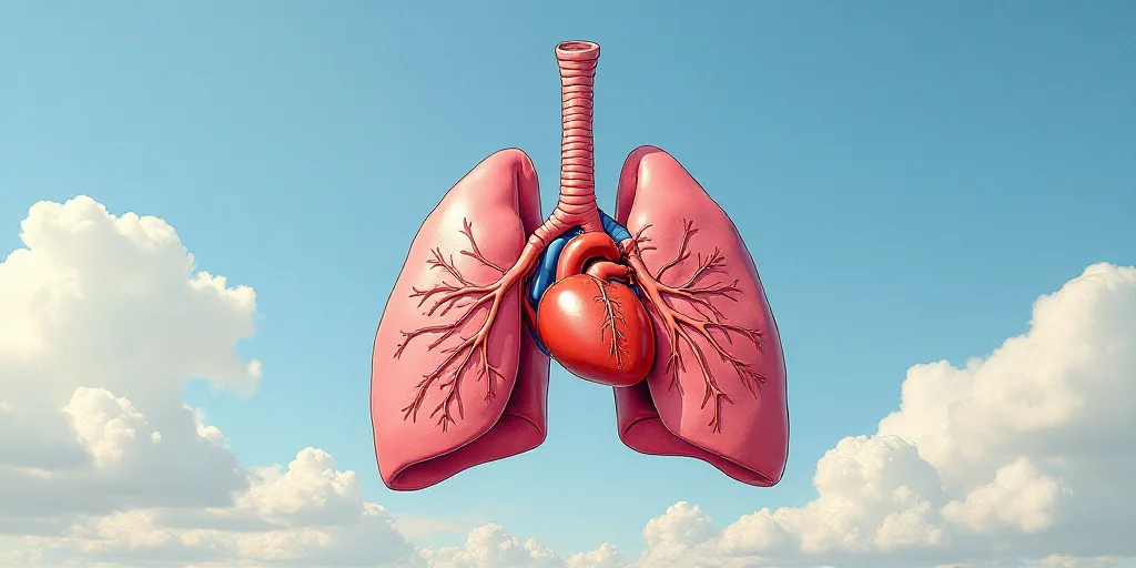 a diagram of the lungs and the heart in the sky with clouds in the background and a blue sky with cl