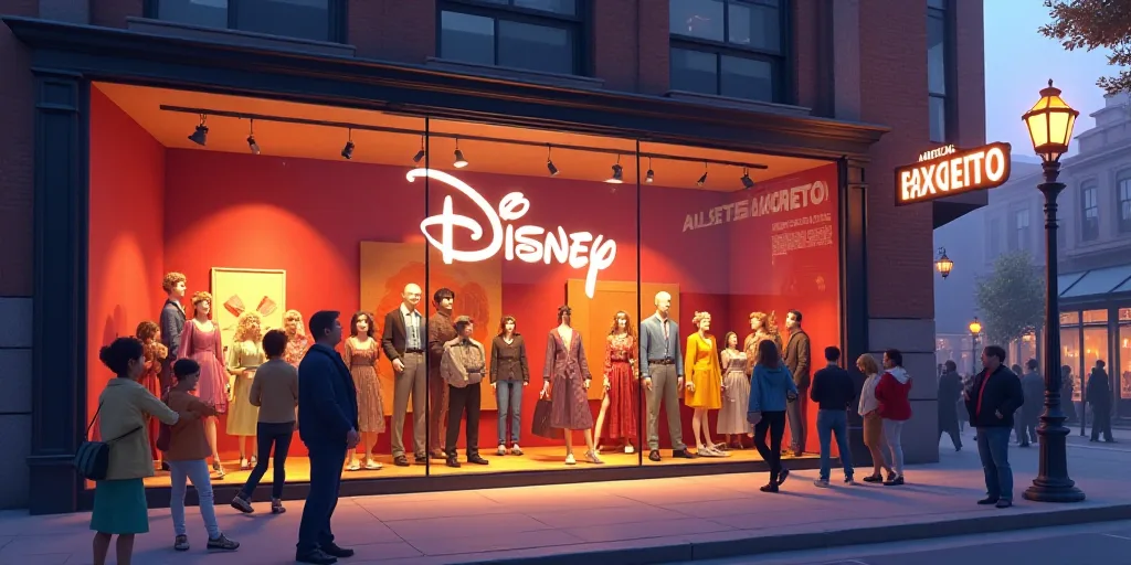 a disney store window with people walking around it and a sign that says disney on it's side, disney