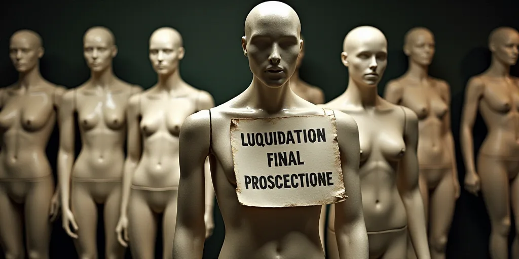 a display of mannequins with a sign that reads liquidation final proscectione on them, Aquirax Uno,