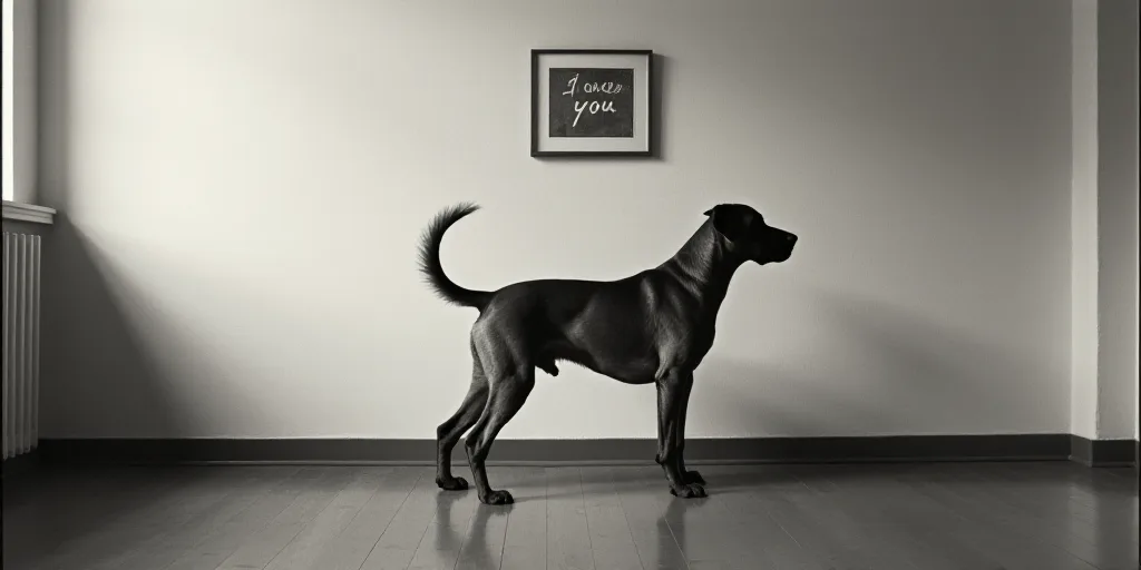 a dog is standing in a room with a picture on the wall behind it that says, i love you, Bruce Nauman