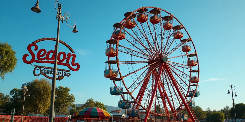 a ferris wheel and a sign that says sedon in front of a park with a blue sky in the background, Fede