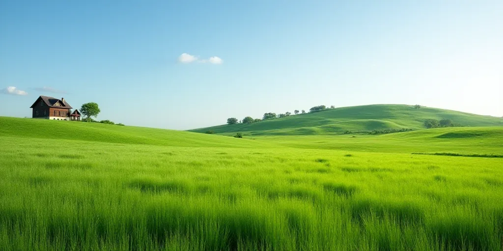 a field of green grass with a house in the background and a hill in the distance with a few trees, E