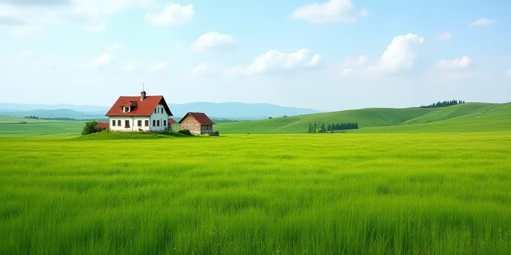 a field of green grass with a house in the background and a hill in the distance with a few trees, E