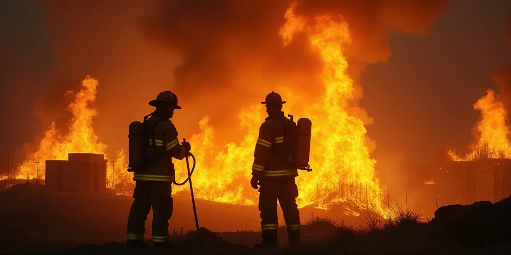 a firefighter and a firefighter standing in front of a fire with flames in the background and smoke