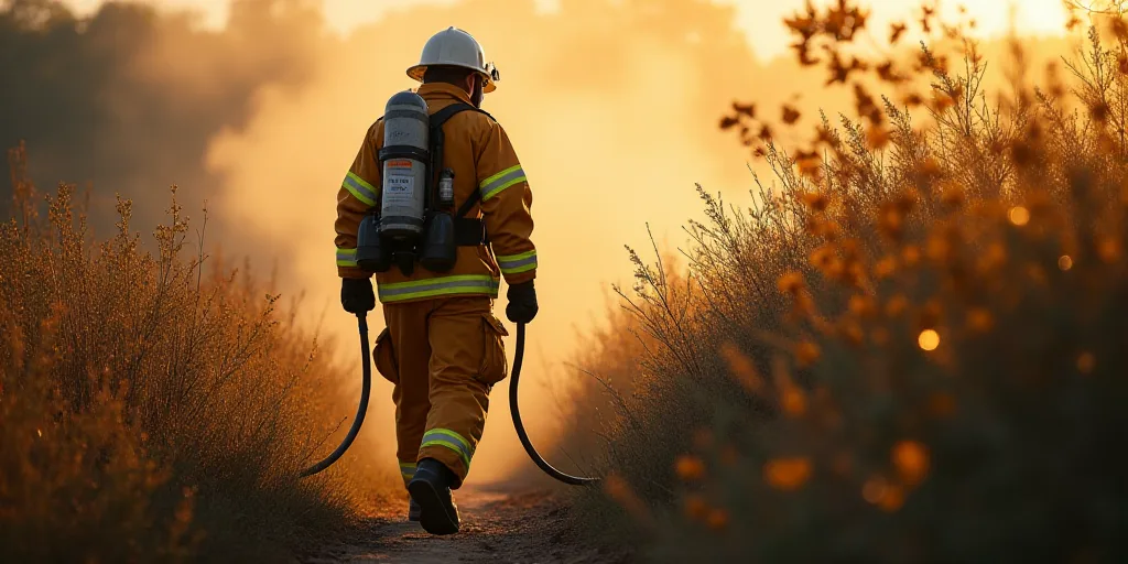 a firefighter is walking through the brush with a fire hose in his hand and a fire hose in his other