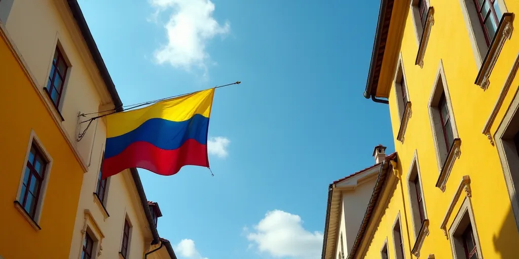 a flag and a flag hanging from a building in a city with yellow walls and a blue sky in the backgrou
