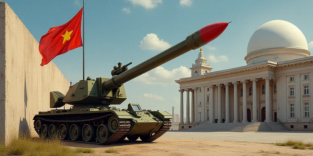 a flag and a rocket on display in front of a wall with a flag on it and a building in the background