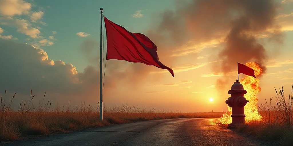 a flag blowing in the wind next to a fire hydrant with a flag on it and a flag on fire, Dahlov Ipcar