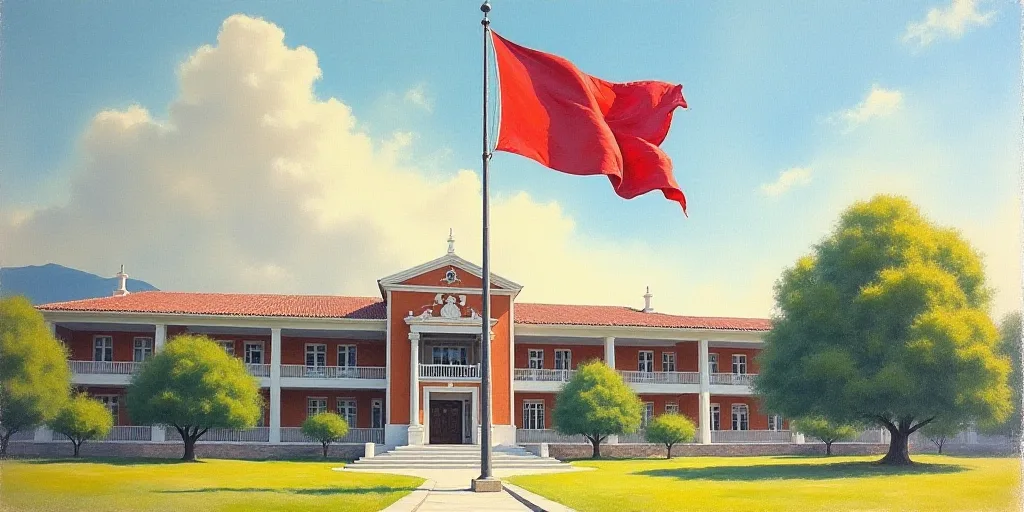 a flag flying in the wind in front of a building with a flagpole and trees in front of it, Carlos Fr
