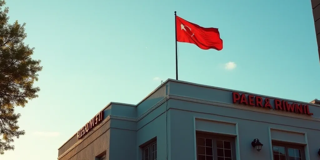 a flag on top of a building with a tree in the background and a sign in the foreground, Altichiero,