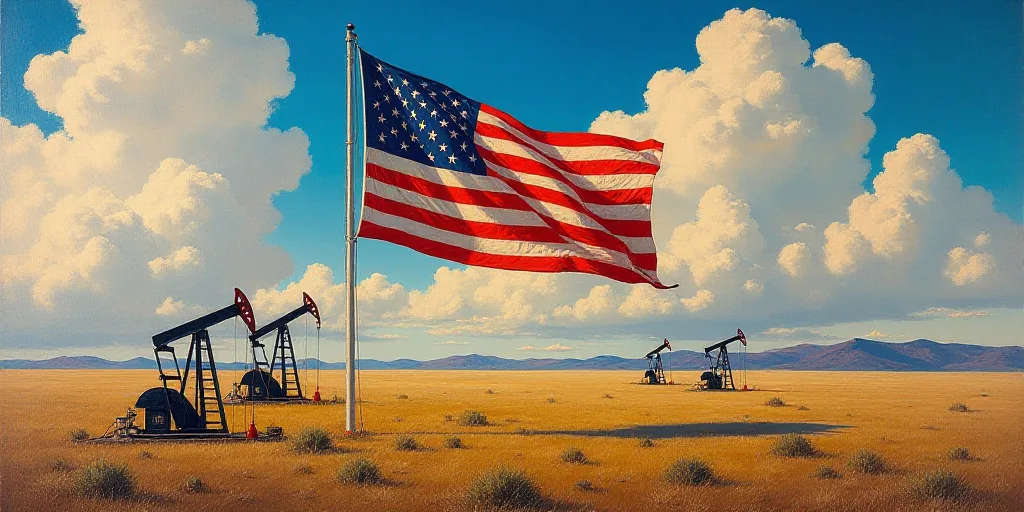a flag with oil pumps and stars on it and a rainbow background with clouds in the sky behind it, Edu