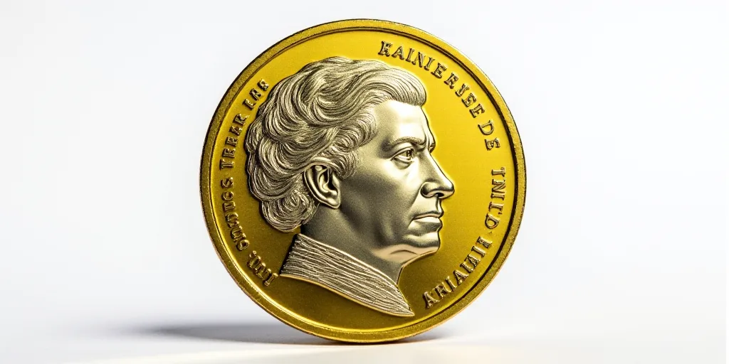 a gold and silver coin with a face on it's side, with a white background and a black border, Aquirax