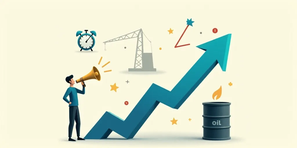 a graphic with a clock, a bullhorn, a crane, and a barrel of oil with a blue arrow pointing up, Dieg