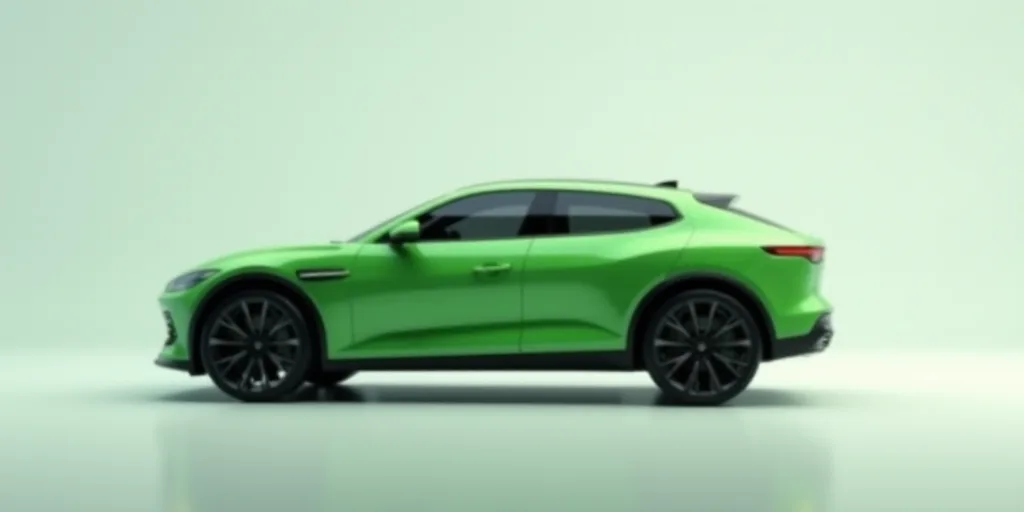 a green car is shown in a studio setting with a shadow on the floor and a light gray background, Cui