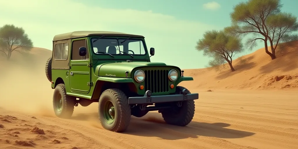 a green jeep driving through a sandy area with a hill in the background and trees in the background,