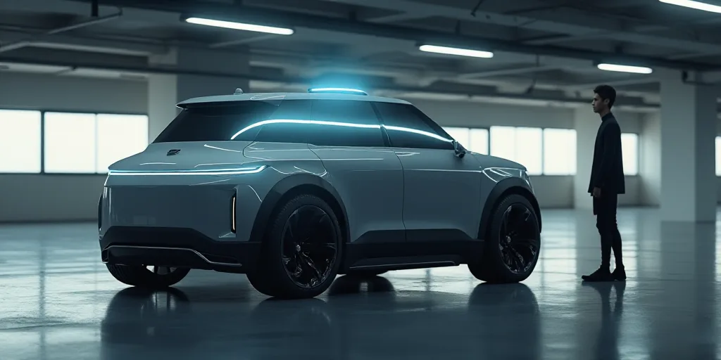 a grey suv with a bright light on it's hood in a parking garage with a person standing next to it, A