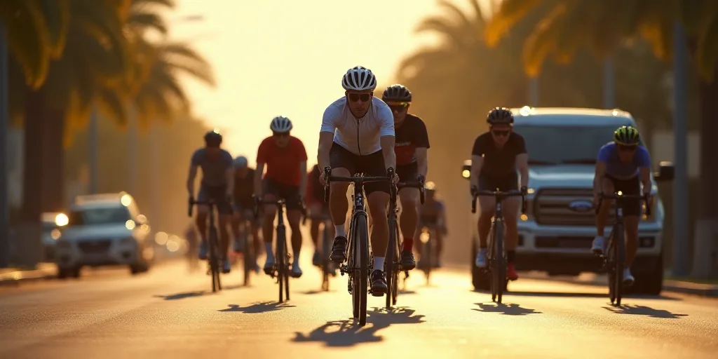 a group of bicyclists riding down a street together in a race in the sun, with a truck in the backgr