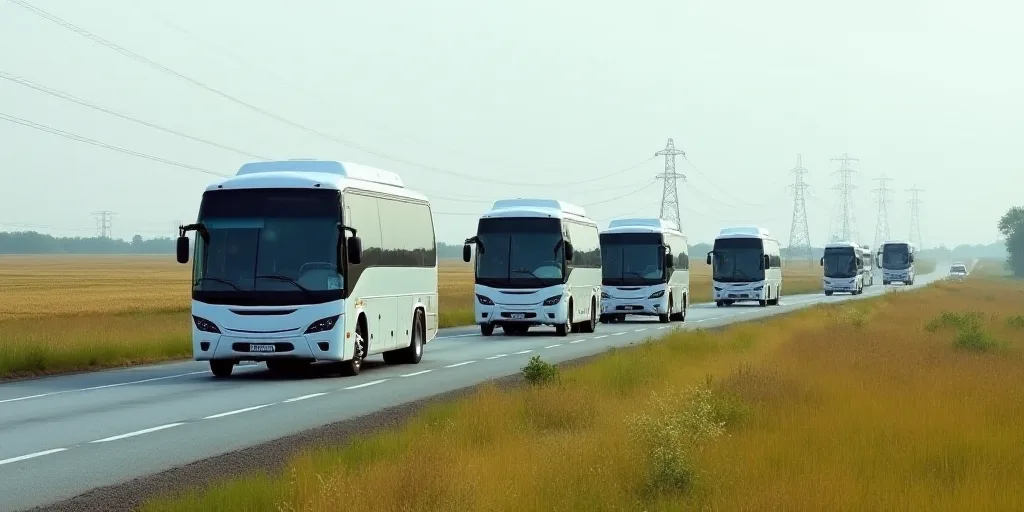 a group of buses driving down a road next to a field of grass and power lines in the distance, Dahlo