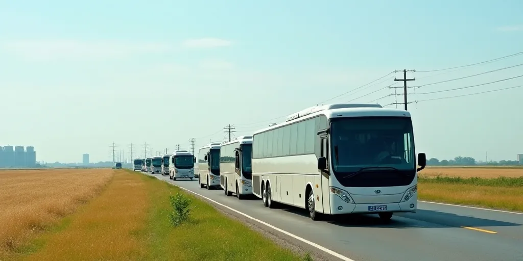 a group of buses driving down a road next to a field of grass and power lines in the distance, Dahlo
