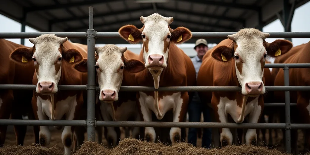 a group of cows standing behind a metal fence in a barn or building with a man standing behind the f
