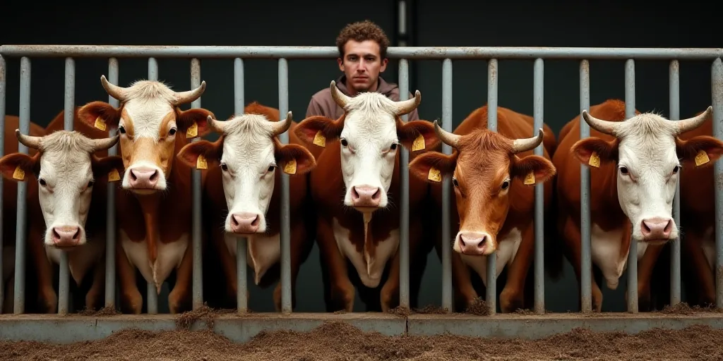 a group of cows standing behind a metal fence in a barn or building with a man standing behind the f
