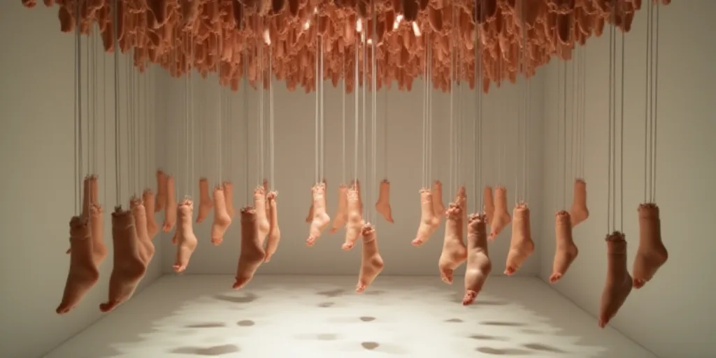 a group of fake human feet hanging from strings in a room with a ceiling of fake human feet hanging
