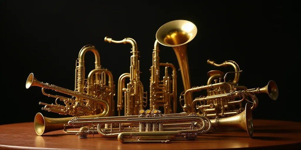 a group of golden musical instruments sitting on top of a table next to each other on a table top, A