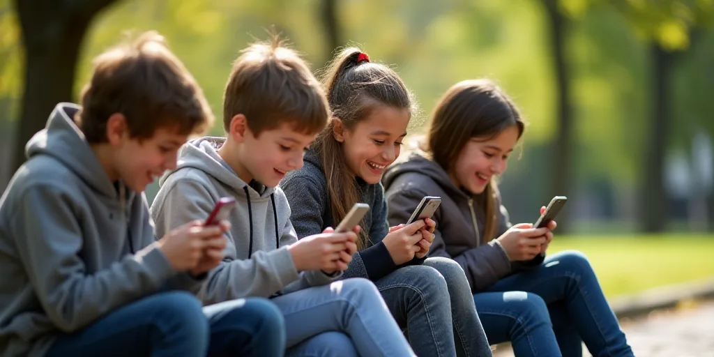 a group of kids sitting on a bench looking at their cell phones and laughing at the same time of day
