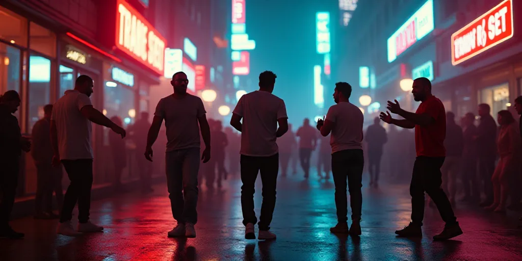 a group of men dancing in a city at night time with neon signs in the background and a neon light, A
