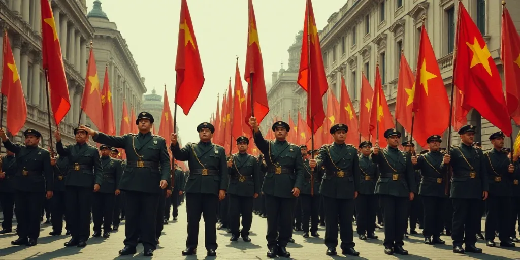 a group of men in uniform holding flags and pointing to the side of the street with buildings in the