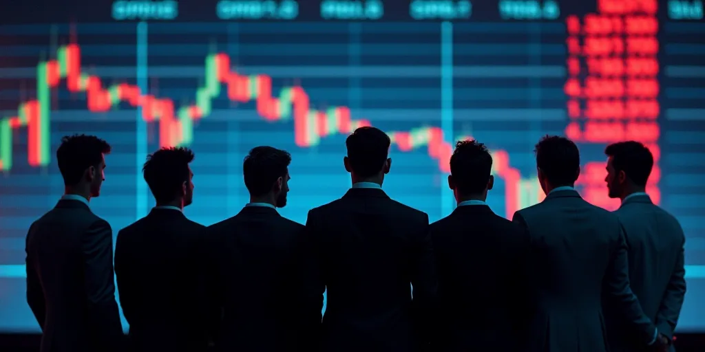 a group of men standing next to each other in front of a stock market board with a stock price sign,