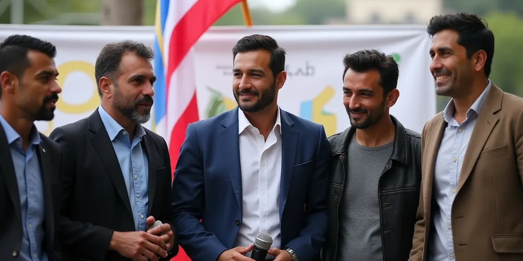 a group of men standing next to each other in front of a banner with a flag behind them and a microp