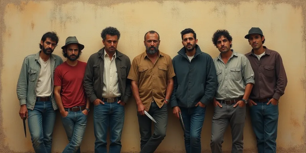 a group of men standing next to each other in front of a wall with a knife in his hand, Estuardo Mal