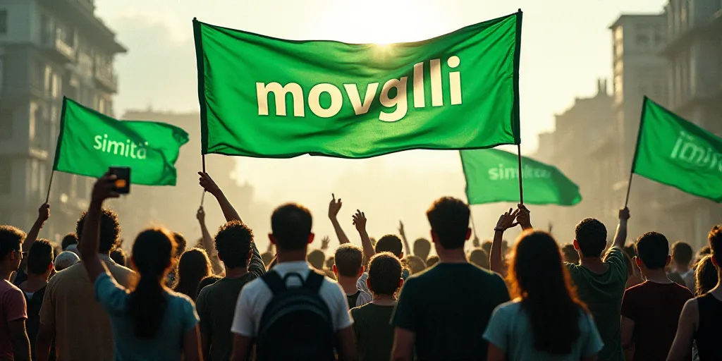a group of people holding flags and banners in front of a banner that reads moviglii simita, Carlos