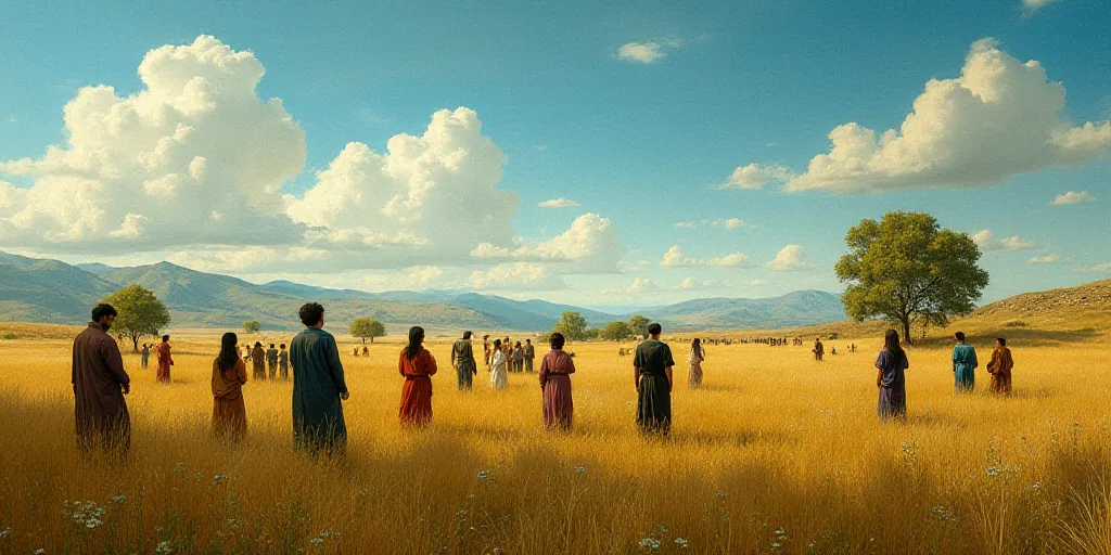 a group of people in a field with a sky background and a few trees in the background, with a few peo