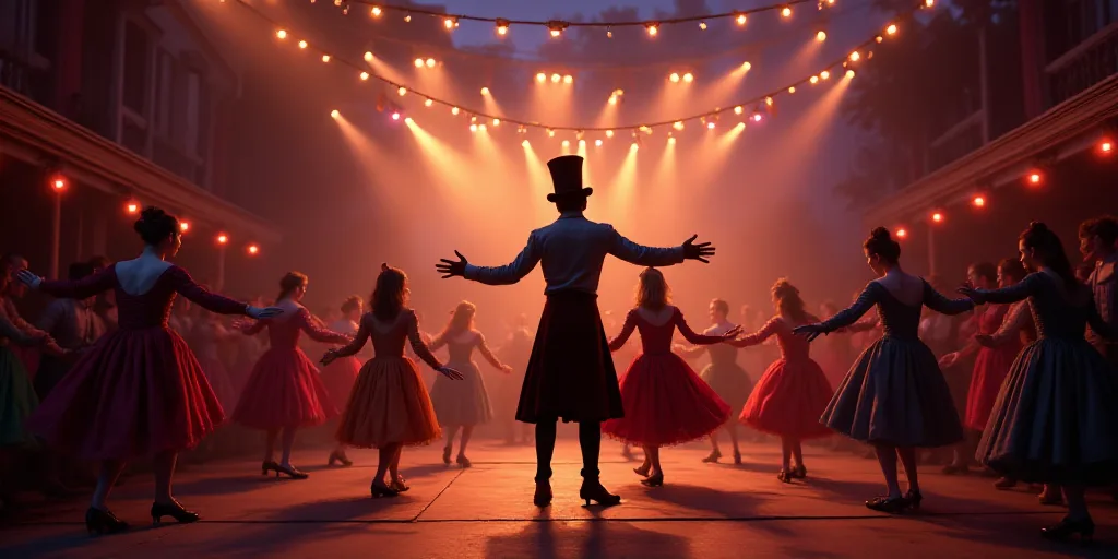 a group of people in costume performing a dance on a stage at night time with lights strung overhead