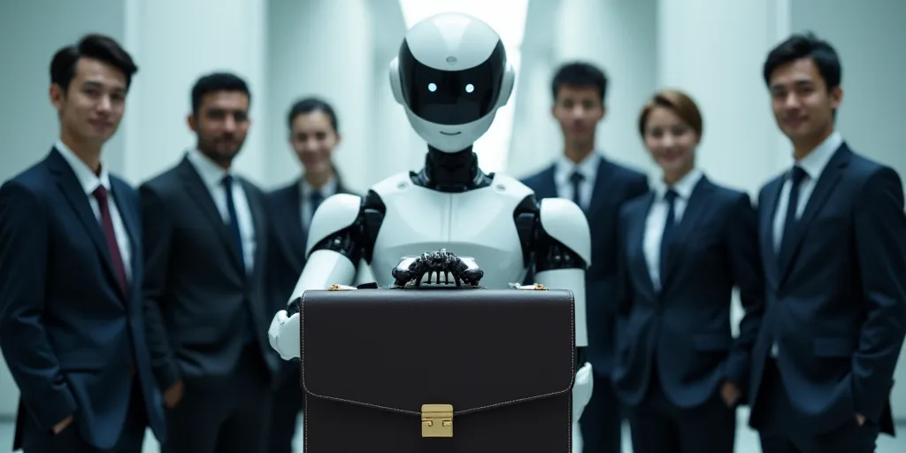 a group of people in suits and ties with a robot in the background of them, with a briefcase in the