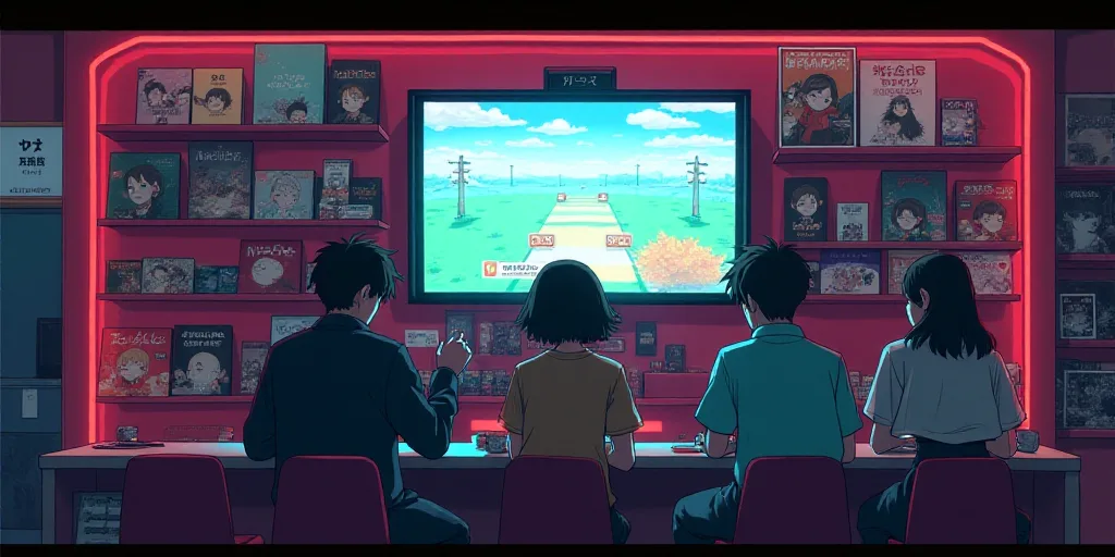 a group of people playing a game on a tv in a store with a red display case and shelves, Baiōken Ei