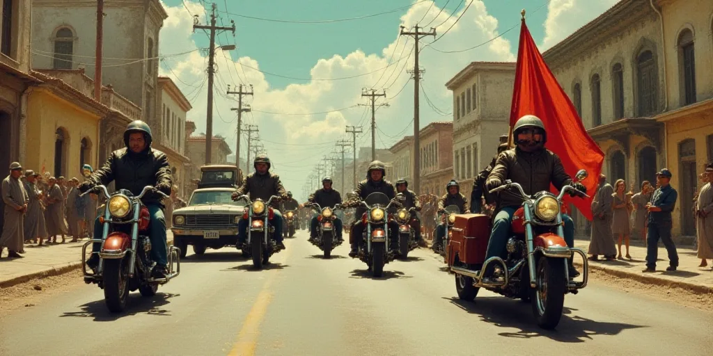 a group of people riding motorcycles down a street with a flag on the back of a car and a truck, Bou