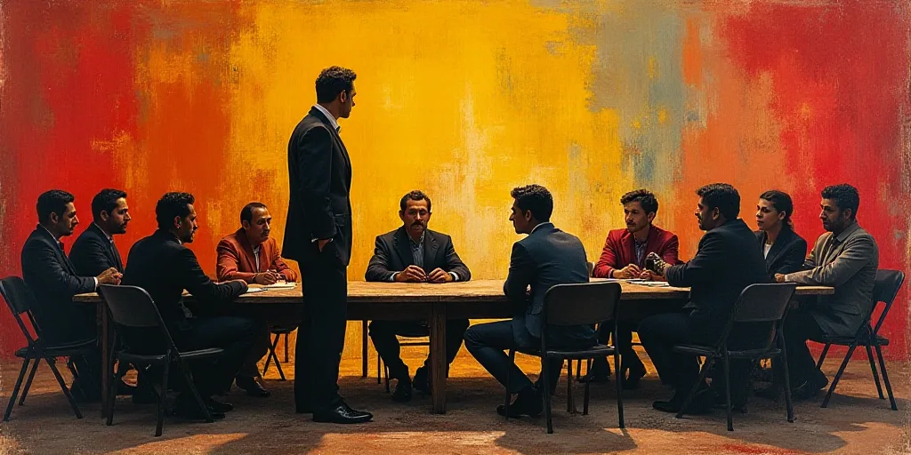 a group of people sitting around a table with a man standing at the front of the room talking to the