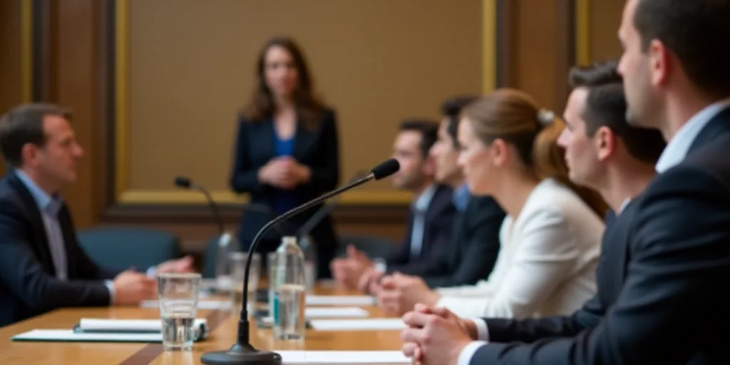 a group of people sitting at a table with a microphone in front of them and a woman standing behind