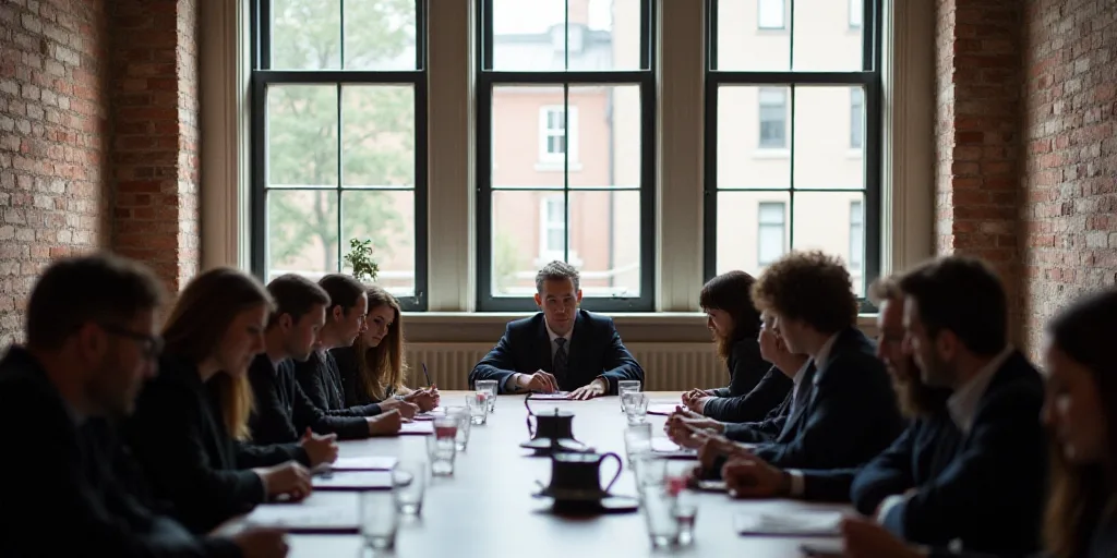 a group of people sitting at a table in a room with large windows and a brick wall in the background